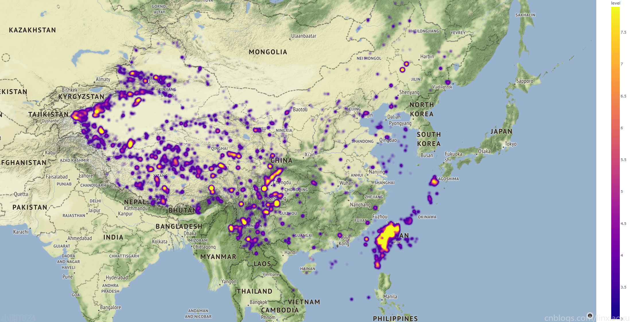 Python 国家地震台网 地震数据集完整分析、pyecharts、plotly，分析强震次数、震级分布、震级震源关系、发生位置、发生时段、最大震级、平均震级